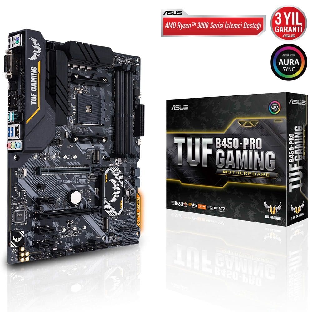 ASUS TUF B450-PRO GAMING AMD B450 AM4 DDR4 4400 HDMI DVI Çift M2 USB3.2 AURA RGB ATX Anakart