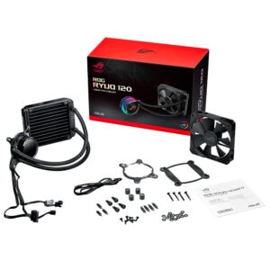 ASUS ROG RYUO 120 RGB 120mm işlemci sıvı soğutucu, soğutucu bloğu, radyatör, fan ve montaj aksesuarları ile birlikte.
