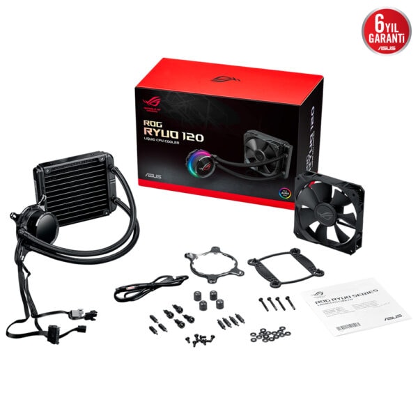 ASUS ROG RYUO 120 RGB 120mm işlemci sıvı soğutucu seti, soğutucu radyatör, fan ve montaj aksesuarları ile birlikte.