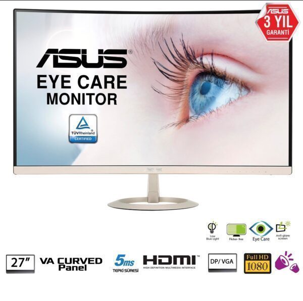 ASUS 27″ VZ27VQ 75Hz 5ms VGA HDMI DP FHD Curved Monitör