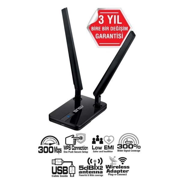 ASUS USB-N14 Yüksek Çekim Çift Antenli Kablosuz USB Adaptör