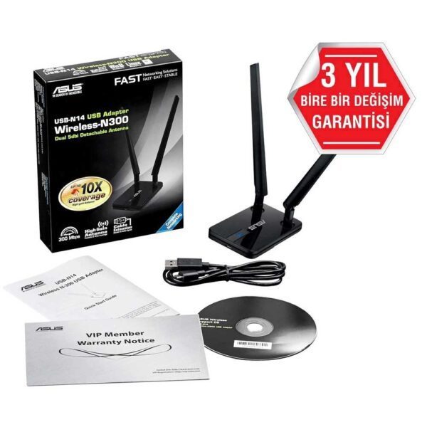 ASUS USB-N14 Yüksek Çekim Çift Antenli Kablosuz USB Adaptör