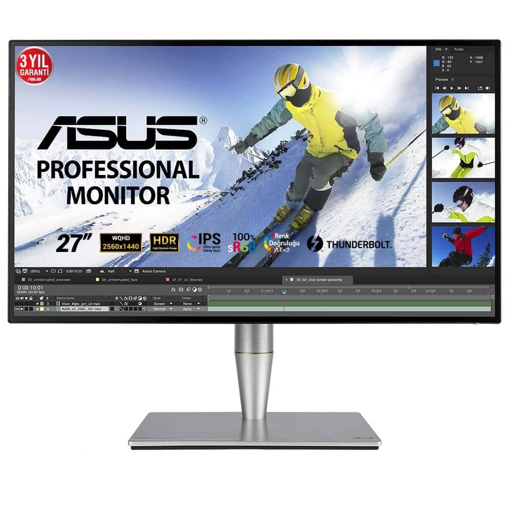 Yüksek çözünürlüklü ASUS Profesyonel Monitör, 27-inç 2560x1440 WQHD, HDR, IPS ekran ve Thunderbolt desteği ile grafik tasarım ve video düzenleme için ideal. Snowboardçıyı gösteren görsel.
