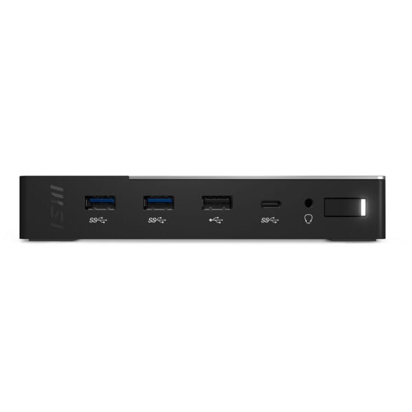Yüksek kaliteli bilgisayar bağlantı portları içeren siyah çoklu bağdaştırıcı; USB, USB-C ve ses giriş çıkış özellikleriyle gaming ve ofis kullanımı için ideal.