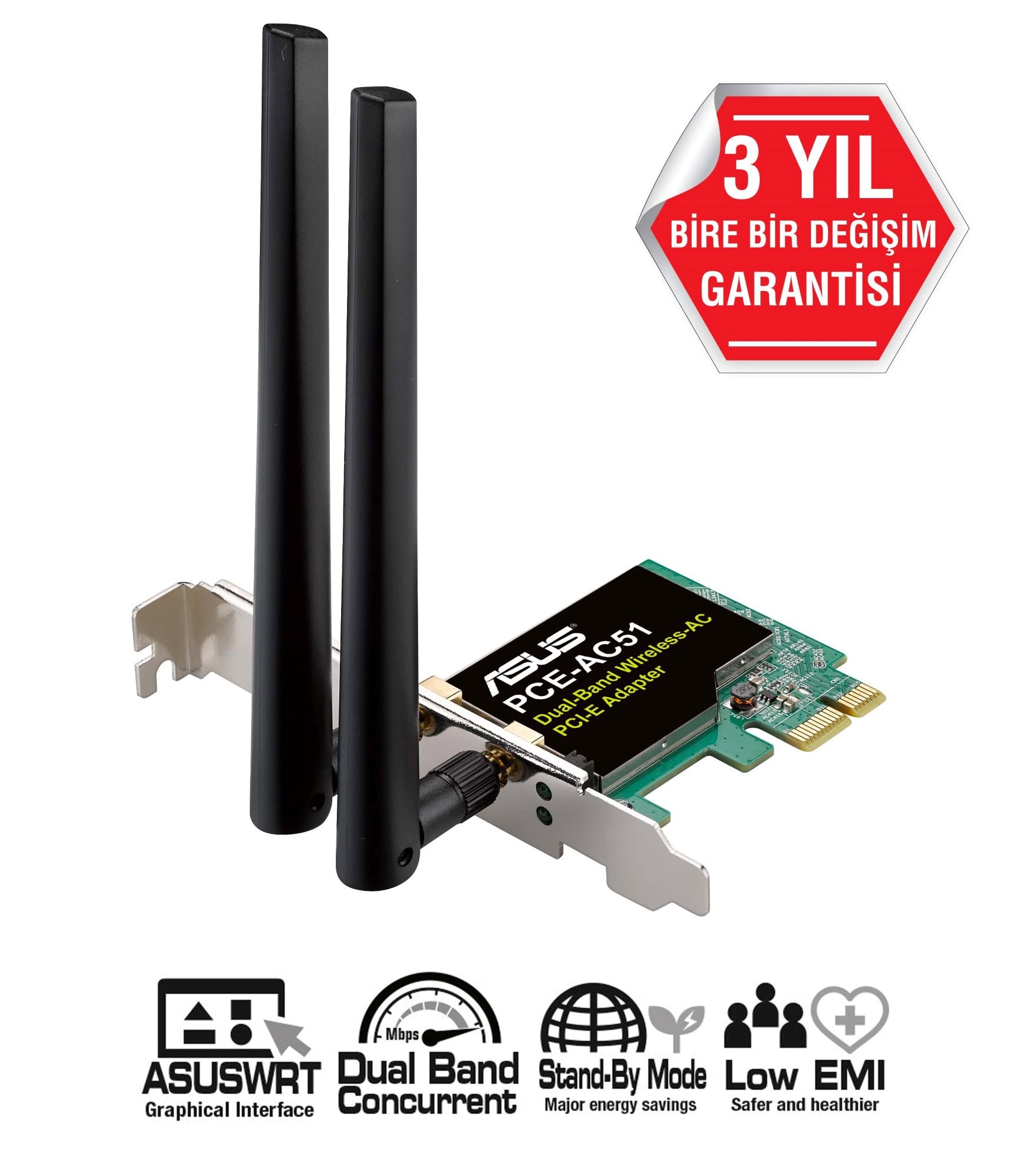 Asus Pce Ac51 300mbps 433mbps Dual Bant Kablosuz Ac Pci E Kart 1