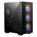 Yüksek performanslı oyun bilgisayarı kasası, RGB aydınlatmalı fanlar ve şeffaf panel ile güçlü ve şık tasarım özellikleri vurgulanmış.