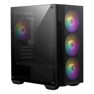 Yüksek performanslı oyun bilgisayarı kasası, RGB aydınlatmalı fanlar ve şeffaf panel ile güçlü ve şık tasarım özellikleri vurgulanmış.