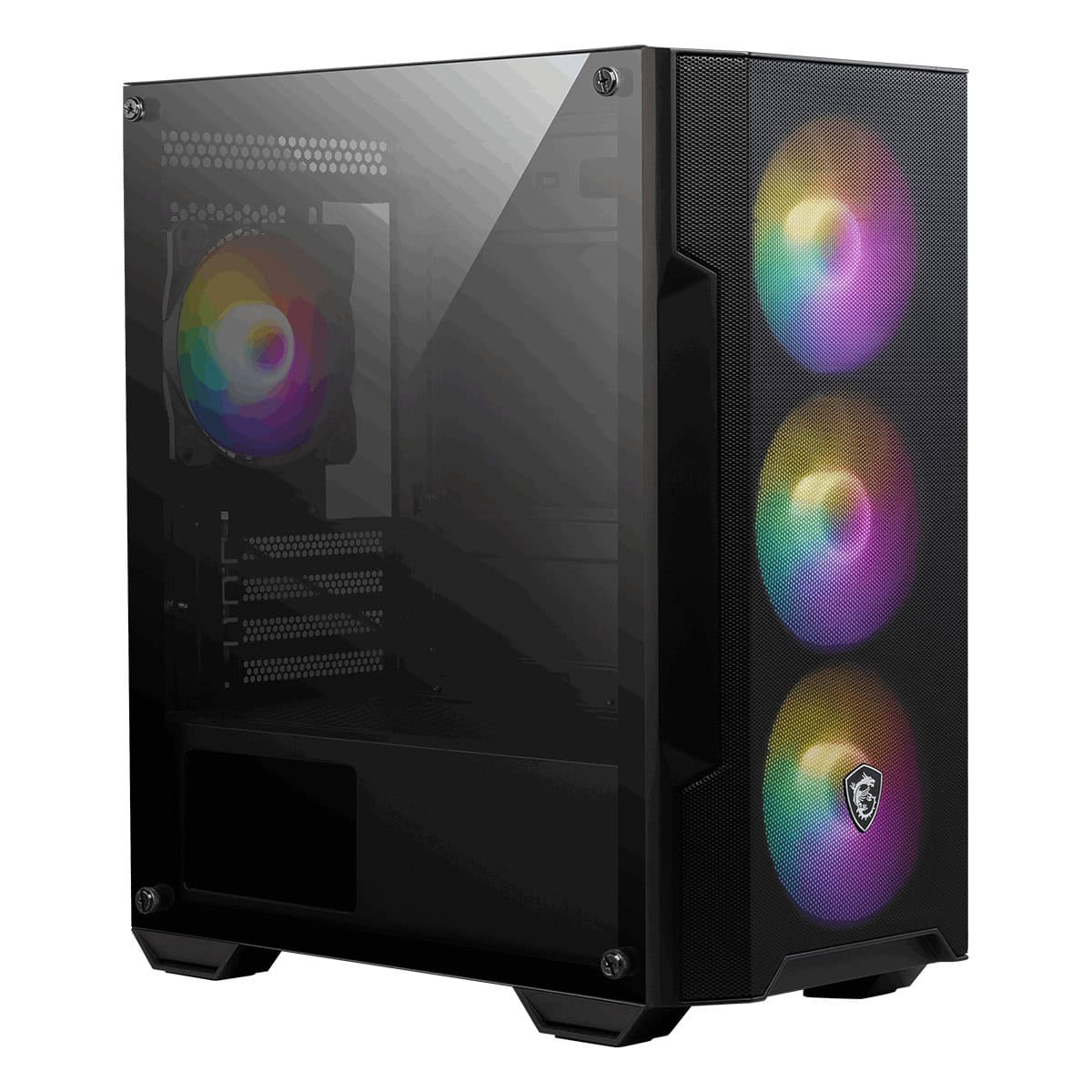 Yüksek performanslı oyun bilgisayarı kasası, RGB aydınlatmalı fanlar ve şeffaf panel ile güçlü ve şık tasarım özellikleri vurgulanmış.