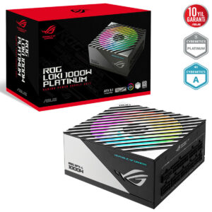 Yüksek performanslı ASUS ROG Loki 1000W Platinum güç kaynağı, RGB aydınlatmalı tasarımı ve yüksek verimliliğiyle oyuncular için ideal, 10 yıl garanti ve Cybenetics sertifikası ile güvenilir güç sağlar.