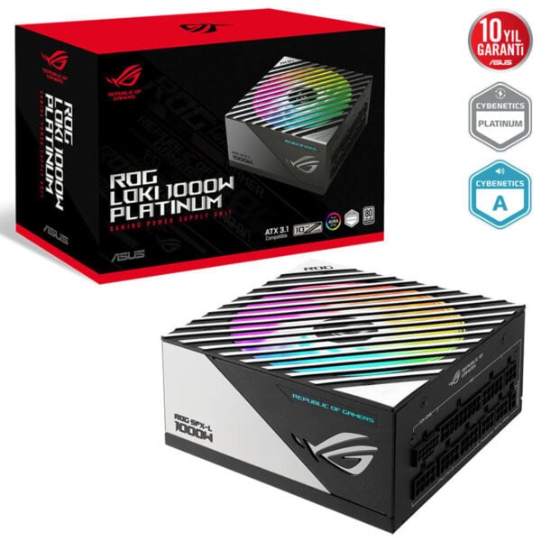 Yüksek performanslı ASUS ROG Loki 1000W Platinum güç kaynağı, RGB aydınlatmalı tasarımı ve yüksek verimliliğiyle oyuncular için ideal, 10 yıl garanti ve Cybenetics sertifikası ile güvenilir güç sağlar.