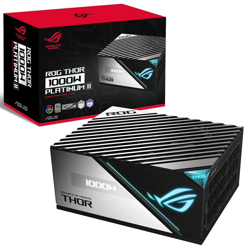 ASUS ROG THOR 1000W 80+ Platinum güç kaynağı, beyaz renkli, modüler tasarım ve 135mm fan ile yüksek performanslı bilgisayar güç kaynağı.