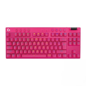 Logitech G PRO X TKL LIGHTSPEED kablosuz RGB oyun klavyesi, parlak pembe renkli kompakt TKL tasarımı ve çok rengin ışıklandırmasıyla öne çıkıyor.