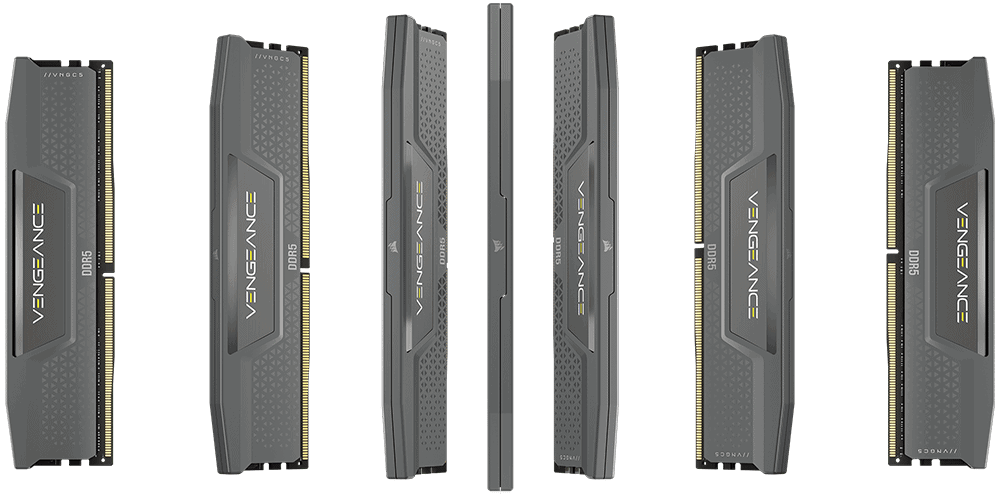 Vengeance DDR5 DRAM memory for AMD AM5 compatible motherboards arranged in a pattern