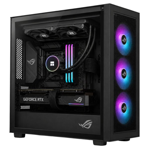 Gelişmiş gaming bilgisayar kasası iç yapısı, RGB aydınlatmalı fanlar ve yüksek performanslı ekran kartı ile donatılmış.