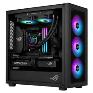 RGB aydınlatmalı fanlar ve yüksek performanslı ekran kartı ile şık ve güçlü oyun bilgisayarı iç tasarımı.