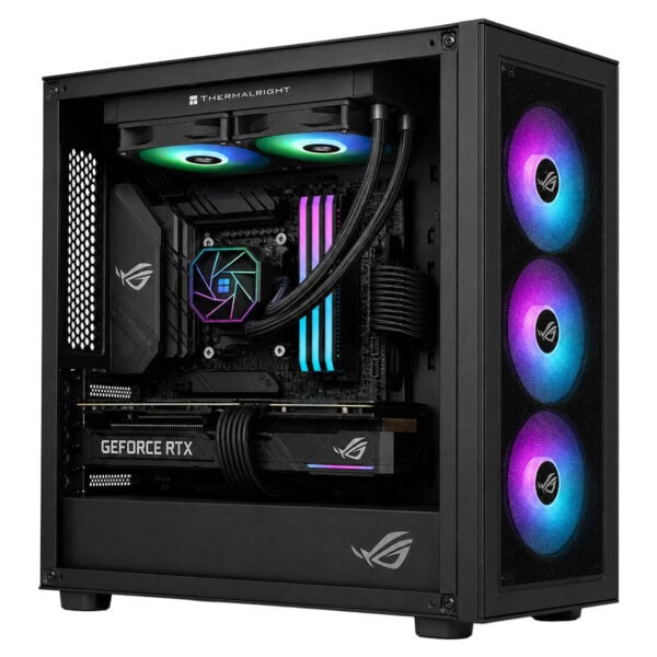 RGB aydınlatmalı fanlar ve yüksek performanslı ekran kartı ile şık ve güçlü oyun bilgisayarı iç tasarımı.