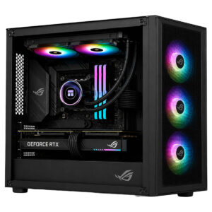 RGB aydınlatmalı gaming bilgisayar kasası iç tasarımı, yüksek performanslı ekran kartı ve soğutucu ile donatılmış, şık ve modern görünümlü bilgisayar sistemi.