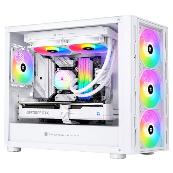 Beyaz renkli Thermalright Frozen Prism 240 ARGB sıvı soğutucu, RGB aydınlatmalı fanlar ve yüksek performanslı işlemci soğutma özellikleriyle dikkat çekiyor.