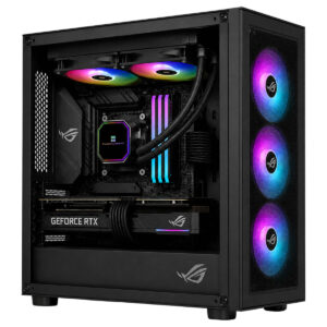 RGB aydınlatmalı gaming kasası ve iç donanım detayları, yüksek performanslı ekran kartı ve soğutucu ile donatılmış bilgisayar sistemi.