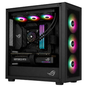 RGB aydınlatmalı fanlar ve şeffaf panel ile donatılmış yüksek performanslı gaming bilgisayar kasası, iç kısmında güçlü ekran kartı ve soğutucu bulunuyor.