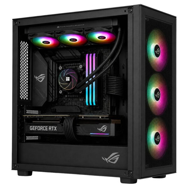 RGB aydınlatmalı fanlar ve şeffaf panel ile donatılmış yüksek performanslı gaming bilgisayar kasası, iç kısmında güçlü ekran kartı ve soğutucu bulunuyor.