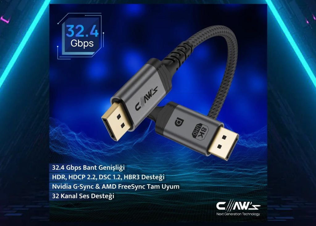 Claws 8k Uhd V1 4 32 4 Gbps 24k Gold 8k G Sync Freesync Premium 2 Metre Displayport Kablo C Dpp B1 H3