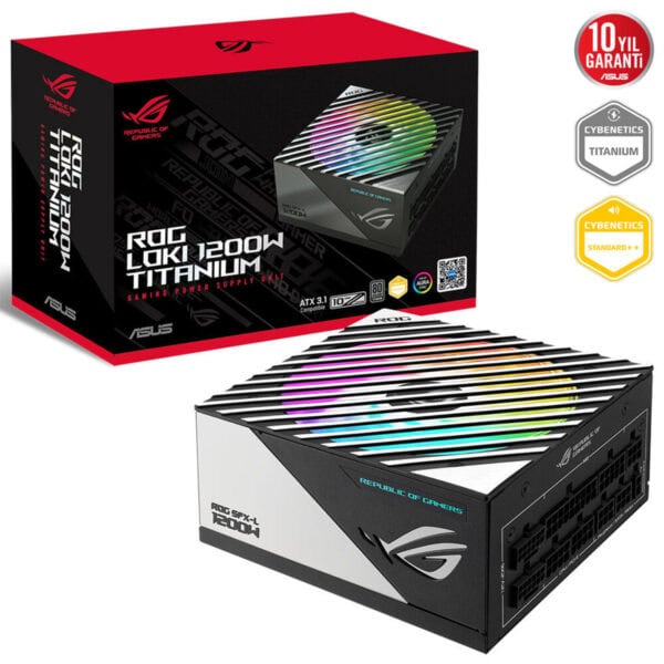 Yüksek performanslı ASUS ROG Loki 1200W Titansiyum oyun güç kaynağı, RGB aydınlatmalı, ATX 3.1 uyumlu ve 80 Plus Titansiyum sertifikalı, oyuncular ve yüksek performanslı bilgisayar sistemleri için ideal.