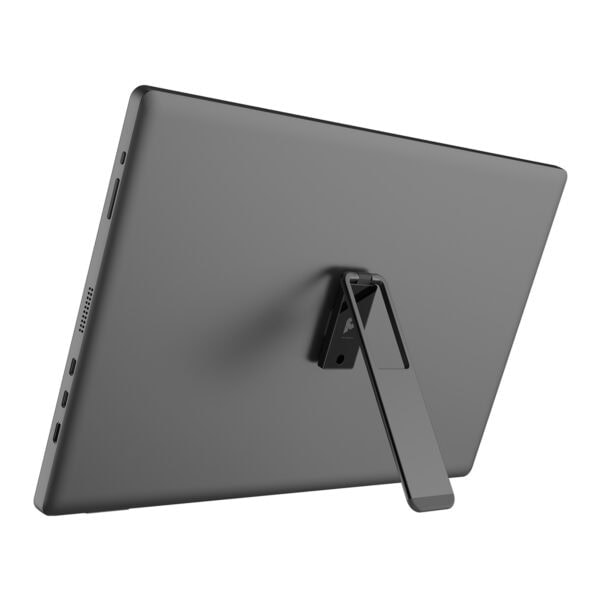 Gümüş renkli tabletin arka yüzü, ayakta durmasını sağlayan metal ayaklı stand ile donatılmış, modern ve ince tasarım, teknolojik ürün, tablet aksesuarı.