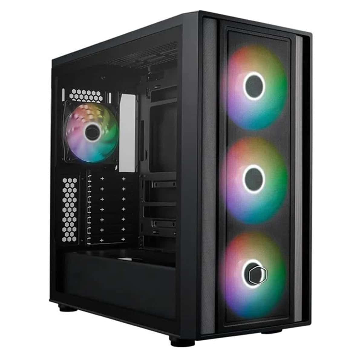Yüksek performanslı oyun bilgisayarı kasası, RGB aydınlatmalı fanlar ve geniş iç hacim, oyun ve yüksek grafik gerektiren uygulamalar için optimize edilmiştir.