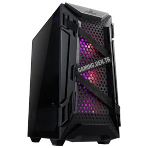 Gelişmiş oyun bilgisayarı kasası, RGB aydınlatmalı ve hava akışını optimize eden tasarımıyla dikkat çekiyor.