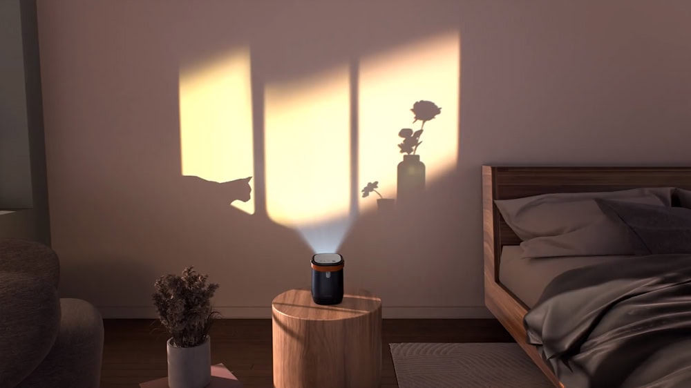 ZenBeam L2 Güneş ışığının yansımasıyla odada gölgeler ve silüetler, modern projeksiyon cihazı ve uyumlu ev dekorasyonlarıyla şık iç mekan tasarımı. Gün batımı atmosferi ve rahat yaşam alanları.