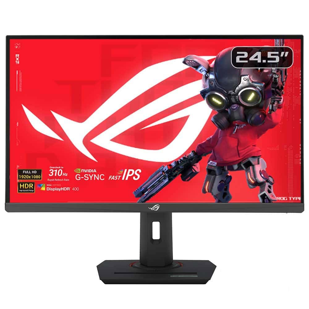 Yüksek çözünürlüklü ASUS ROG Swift 24.5" oyun monitörü, 1920x1080 ekran, 310Hz yenileme hızı ve NVIDIA G-SYNC teknolojisi ile akıcı oyun deneyimi sunar.