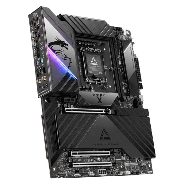 Yüksek performanslı MSI Anakart, oyun ve tasarım için optimize, modern özelliklerle donatılmış, siyah ve gri tonlarında şık tasarım, yüksek hız ve stabilite sağlar.