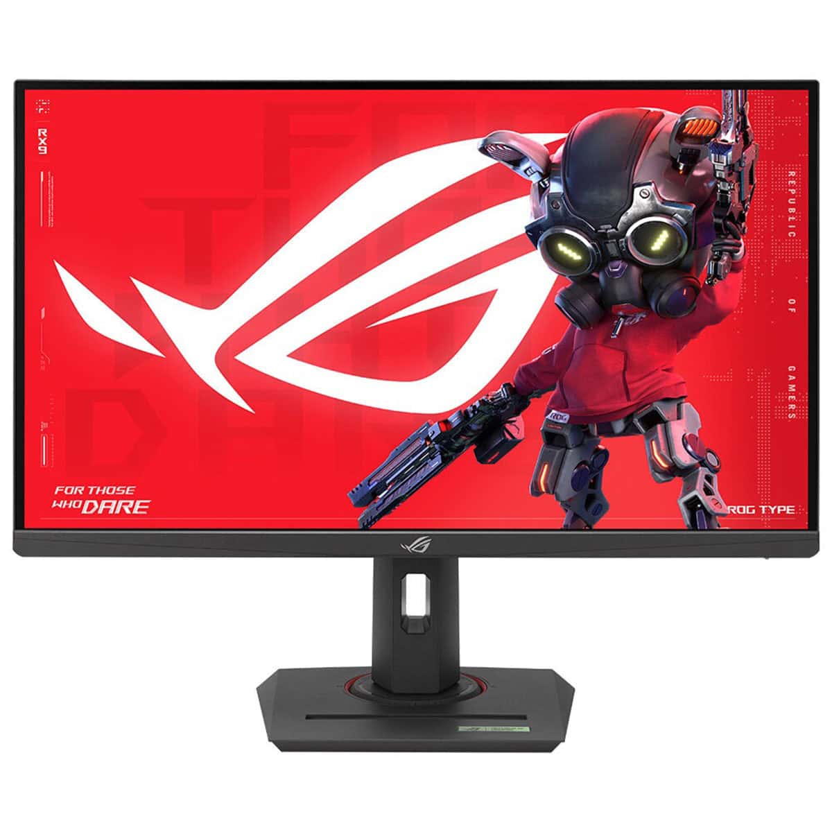 Yüksek çözünürlüklü oyun monitörü, kırmızı arka planda robotik karakter ve oyun logosu ile e-spor ve oyun tutkunlarına yönelik teknolojik tasarım.