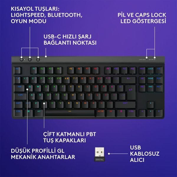 Logitech G515 Lightspeed Tkl Tactile Switch Ingilizce Rgb Kablosuz Siyah Gaming Klavye 920 012538 6