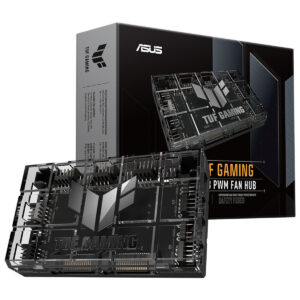 Yüksek kaliteli ASUS TUF Gaming 3 PWM Fan Hub, bilgisayar soğutma ve fan kontrolu için tasarlanmış, güvenlik sigortalarıyla donatılmış oyun donanımı aksesuarı.
