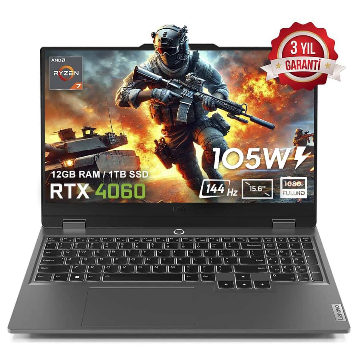 Lenovo Loq 15arp9 83jc00fktr Amd Ryzen 7 7435hs 12gb Ddr5 1tb Ssd Rtx4060 8gb 105w 15 6 Inc 144hz Full Hd Freedos Gaming Laptop 1