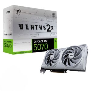 MSI GeForce RTX 5070 12GB GDDR7 ekran kartı, beyaz renkli ve çift fanlı tasarımıyla yüksek performans sağlar.
