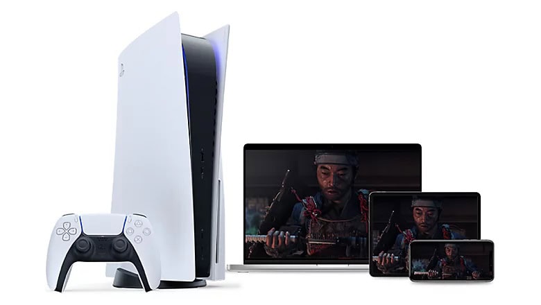Yüksek çözünürlüklü PlayStation 5 oyun konsolu ve kontrolcüleri, farklı cihazlarda yüksek kaliteli oyun deneyimi sağlayan modern donanım ve teknolojiler.