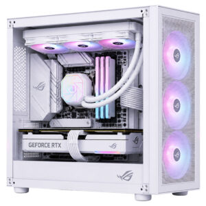 RGB aydınlatmalı gaming bilgisayar kasası iç yapısı, su soğutucu ve yüksek performanslı bileşenler ile donatılmış.
