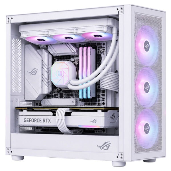 RGB aydınlatmalı gaming bilgisayar kasası iç yapısı, su soğutucu ve yüksek performanslı bileşenler ile donatılmış.
