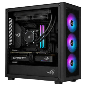 RGB aydınlatmalı üç fanlı bilgisayar kasası iç tasarımı, yüksek performanslı ekran kartı ve su soğutma sistemi ile donatılmış.