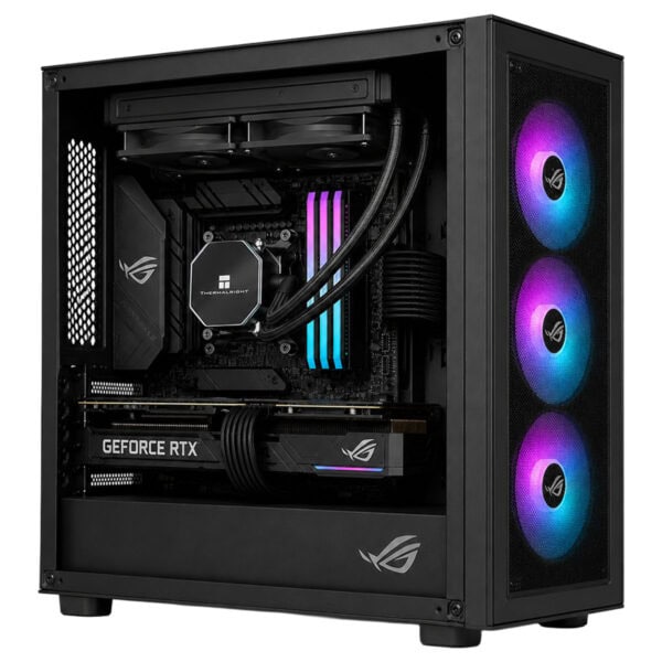 RGB aydınlatmalı üç fanlı bilgisayar kasası iç tasarımı, yüksek performanslı ekran kartı ve su soğutma sistemi ile donatılmış.