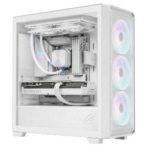Beyaz renkli gaming kasası içi donanımı, RGB aydınlatmalı fanlar ve yüksek performanslı bileşenler ile donatılmış.