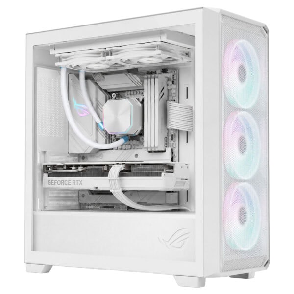 Beyaz renkli gaming kasası içi donanımı, RGB aydınlatmalı fanlar ve yüksek performanslı bileşenler ile donatılmış.