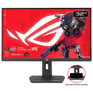 4K Gaming Monitör, 32 inç ASUS ROG IPS ekran, NVIDIA G-SYNC, HDR, Dual Mode, USB Type-C, yüksek yenileme hızı ve düşük gecikme süreleri, profesyonel oyun ve grafik tasarım için ideal.