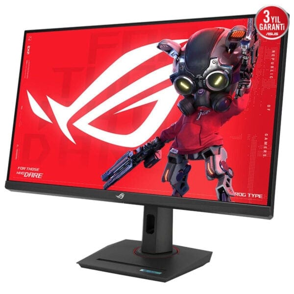 Yüksek çözünürlüklü ASUS ROG oyuncu monitörü, futuristik robot görünüm ve canlı kırmızı arka plan ile oyun heyecanını artırıyor. 3 yıl garanti sunan dayanıklı tasarımıyla oyuncular için ideal.