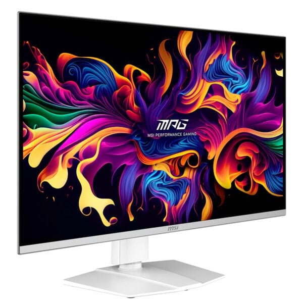 Görüntüde MSI Performance Gaming monitör, renkli ve soyut görsellerle ekran tasarımı yer alıyor, yüksek çözünürlüklü ve oyun performansını artırıcı özellikler vurgulanmış.