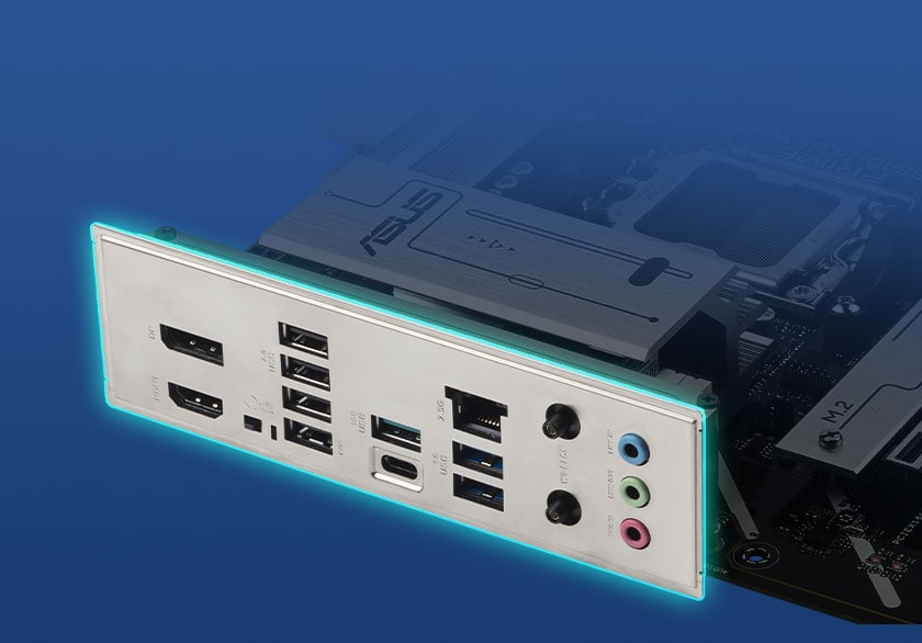 PRIME B840-PLUS WIFI ASUS ve Adobe Creative Cloud logosu ile birlikte ASUS bilgisayar ve monitör, projeksiyon cihazı ve çeşitli tasarım araçları.
