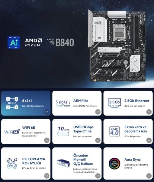 PRIME B840-PLUS WIFI ASUS ve Adobe Creative Cloud logosu ile birlikte ASUS bilgisayar ve monitör, projeksiyon cihazı ve çeşitli tasarım araçları.